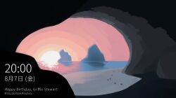  absurdres bad_id beach cave esse_series fake_pc_lock_screen fake_screenshot highres microsoft_windows mitsudomoe_koubou mixed-language_text no_humans ocean official_art outdoors scenery sunset wharariki_beach windows_10 