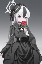  1girl absurdres alternate_costume black_choker black_dress black_eyeshadow black_hair black_hat black_horns black_nails bleeding blood blue_archive bright_pupils chinese_commentary choker commentary_request demon_horns dress ear_piercing eyeshadow fanshuimucishen flower gothic_lolita gradient_background grey_halo hair_between_eyes hair_ornament hairclip halo hat highres holding holding_flower horns kayoko_(blue_archive) lolita_fashion long_hair looking_at_viewer makeup mini_hat mini_top_hat multicolored_hair piercing red_eyes red_flower red_rose rose simple_background solo studded_choker studs top_hat two-tone_hair white_hair white_pupils 