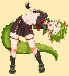  armband black_gloves black_skirt crocodile_girl crocodilian_tail crocs crop_top fingerless_gloves gloves green_hair hair_ribbon navel nitya_nil phase_connect pointy_ears red_armband red_ribbon ribbon skirt tail yate_(ryo_tend) 