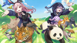  2girls :d alternate_hair_length_(shorter) animal_ear_hairband animal_ears animal_hood arm_up artist_name asymmetrical_legwear bandaid bandaid_on_cheek bandaid_on_face bandaid_on_nose belt bird black_bustier black_choker black_jacket black_pantyhose black_shoes black_shorts black_skirt black_streaks black_thighhighs blue-and-yellow_macaw blue_belt blue_sky breasts bustier chest_jewel choker clenched_hand clouds cockatoo commentary_request company_name copyright_notice creature crossed_legs day deer detached_wings english_commentary fake_animal_ears floating_hair foliage foreshortening frilled_choker frills full_body fur-trimmed_jacket fur_trim geow_(koseki_bijou) gorilla grass hair_over_one_eye hairband headphones headphones_around_neck highres holding holding_creature hololive hololive_english hood hood_up jacket jewel_under_eye jewelry koseki_bijou koseki_bijou_(casual) large_breasts leaf lemur leopard long_hair macaw metal_wings midriff_peek miniskirt mixed-language_commentary mori_calliope mori_calliope_(rock_bunny) multicolored_hair multicolored_jacket multiple_girls necklace off_shoulder official_alternate_costume official_alternate_hairstyle official_art open_clothes open_hand open_jacket open_mouth outdoors outstretched_arm panda pangolin pantyhose parakeet parrot parted_hair penguin pink_eyes pink_hair purple_hair purple_jacket purple_shoes rabbit_ear_hairband rabbit_ears rabbit_hood rhinoceros riding riding_animal shoes short_hair short_shorts shorts side_part sidelocks single_thighhigh skirt skull_necklace sky smile strapless streaked_hair studded_choker studs swept_bangs tami_yagi teeth thigh-highs tiger torn_clothes torn_pantyhose torn_shorts tree two-sided_fabric two-sided_jacket two-tone_hair two-tone_jacket upper_teeth_only violet_eyes virtual_youtuber wings zipper zipper_pull_tab 