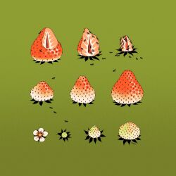  ant artist_name bug choo commentary english_commentary flower food food_focus fruit green_background highres no_humans original plant progression sequential simple_background strawberry 