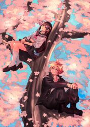  1boy 1girl absurdres bandaid bandaid_on_cheek bandaid_on_face black_hair black_jacket black_pants blonde_hair blue_eyes blue_sailor_collar blue_skirt blue_sky blush brown_shoes cherry_blossoms closed_mouth cloud_strife cloud_strife_(midgard_seventh_high_school) cropped_shirt earrings english_commentary falling_petals final_fantasy final_fantasy_vii final_fantasy_vii:_ever_crisis full_body gakuran hair_ornament hairclip highres in_tree jacket jewelry kaicean kneehighs knees knees_up long_hair long_sleeves looking_at_another looking_up midriff_peek miniskirt neckerchief official_alternate_costume outdoors pants petals pink_petals pleated_skirt red_eyes red_neckerchief sailor_collar school_uniform serafuku shirt shoes short_hair sitting sitting_in_tree skirt sky socks spiky_hair tifa_lockhart tifa_lockhart_(midgard_seventh_high_school) tree white_serafuku white_socks 