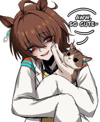  1girl agnes_tachyon_(tach-nology)_(umamusume) agnes_tachyon_(umamusume) animal_ears black_eyeliner black_eyeshadow brown_hair cat chemical_structure commentary cuddling earrings english_commentary english_text eyeliner eyeshadow highres horse_ears horse_girl jewelry lab_coat makeup nagai_negi pet red_eyes smile umamusume 