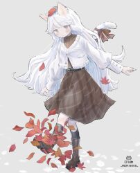  1girl 63suke animal_ears autumn_leaves black_socks blush boots brown_eyes brown_skirt brown_sweater buttons cardigan cat_ears cat_girl cat_tail closed_mouth commentary_request full_body grey_background knee_boots kneehighs lace-up_boots leaf leaf_on_head long_hair long_sleeves looking_down original plaid_clothes plaid_skirt red_ribbon ribbon simple_background skirt socks solo standing standing_on_one_leg sweater swept_bangs tail tail_ornament tail_ribbon turtleneck turtleneck_sweater very_long_hair white_cardigan white_hair 