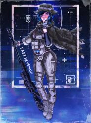  1girl absurdres aircraft black_sky blue_eyes blue_hair blue_sky bolt_action cape chainsaw_man cigarette full_body fyugins_png gun hat highres himeno_(chainsaw_man) holding holding_cigarette holding_gun holding_weapon knee_pads malorussian_liberation_army malorussian_liberation_army_flag military military_hat military_uniform remington_model_700 rifle russo-ukrainian_war scope sky smoking sniper_rifle solo space weapon 
