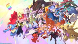  5girls 6+boys :d absurdres alternate_color baseball_cap belt black_belt black_cape black_dress black_eyes black_jacket black_pants black_shirt black_shoes black_skirt black_thighhighs blastoise blaziken blue_eyes blue_gem blue_jacket blue_oak blue_oak_(sygna_suit) blue_shoes blue_skirt boots brendan_(pokemon) brendan_(sygna_suit)_(pokemon) brown_eyes brown_hair cape charizard clenched_hand coat commentary_request company_name copyright_name cynthia_(pokemon) cynthia_(sygna_suit)_(aura)_(pokemon) denim diantha_(arc_suit)_(pokemon) diantha_(pokemon) dress feraligatr gardevoir gem gloves green_(pokemon) green_gem green_hat green_jacket green_shoes grey_eyes grey_hair hair_ornament hair_ribbon hand_on_own_hat harmony_(pokemon) hat highres jacket jeans jewelry katano_shibire lance_(pokemon) latios leaf_(pokemon) leaf_(sygna_suit)_(pokemon) long_hair long_sleeves lucario may_(pokemon) may_(sygna_suit)_(pokemon) mega_blastoise mega_blaziken mega_charizard_x mega_charizard_y mega_evolution_symbol mega_feraligatr mega_gardevoir mega_latios mega_lucario mega_meganium mega_pokemon mega_rayquaza mega_ring mega_tyranitar mega_venusaur meganium multiple_boys multiple_girls necklace necktie official_alternate_costume official_art open_clothes open_coat open_mouth orange_hair pants pantyhose pink_shirt pink_shoes pokemon pokemon_(creature) pokemon_masters_ex purple_necktie rayquaza red_(pokemon) red_(sygna_suit)_(pokemon) red_dress red_gloves red_hair red_jacket red_shoes ribbon shiny_pokemon shirt shoes short_hair silver_(champion)_(pokemon) silver_(pokemon) skirt smile sneakers sparkle sparkling_aura spiky_hair steven_stone steven_stone_(anniversary_2021) thigh-highs track_suit twintails tyranitar urbain_(pokemon) venusaur white_coat white_hat white_pants white_shirt wrist_cuffs wristband 
