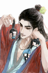  2boys absurdres aged_down all_wishes_come_true! beads beard black_hair blue_hanfu blue_hat blue_trim brown_eyes character_doll chibi chibi_inset chinese_clothes clone closed_eyes coat doll eyelashes facial_hair flame_print hair_bun hair_ornament hair_ribbon half_updo hand_fan hand_on_own_cheek hand_on_own_face hand_up hanfu hat hat_on_back head_rest highres holding holding_doll holding_mini_person implied_yaoi jewelry leaf_hair_ornament long_hair long_sleeves lv_dongbin_(all_wishes_come_true!) male_focus mini_person miniboy multiple_boys multiple_persona mustache_stubble necklace open_clothes open_coat open_mouth pectoral_cleavage pectorals ponytail print_robe red_coat red_hanfu red_ribbon red_sash ribbon robe sash shawl simple_background single_hair_bun smile solo solo_focus straw_hat stubble sword unworn_hat unworn_headwear upper_body weapon white_background white_hanfu white_shawl wide_sleeves xiaowangba488 zhongli_quan_(all_wishes_come_true!) 