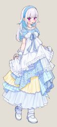  1girl 3znk :d alternate_costume arm_warmers blue_dress blue_hair blue_hairband blue_nails blush boots bow colored_inner_hair commentary_request dress floral_print floral_print_dress frilled_arm_warmers frilled_dress frills full_body grey_background grey_bow hairband highres holding_own_dress jewelry layered_dress lize_helesta long_dress long_hair looking_at_viewer multicolored_hair nail_polish necklace nijisanji open_mouth plaid_clothes plaid_dress print_dress puffy_short_sleeves puffy_sleeves short_sleeves sidelocks simple_background smile solo two-tone_hair violet_eyes virtual_youtuber white_arm_warmers white_boots white_dress white_hair yellow_dress 