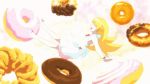  animated animated_gif blonde_hair bow bracelet closed_eyes doughnut dress eyes_closed flower_field flying jewelry long_hair monogatari_(series) nisemonogatari oshino_shinobu sandals screencap smile sundress 