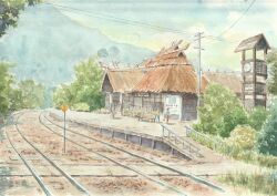  bench bush clock commentary_request day fukushima_prefecture gradient_sky leaf mountainous_horizon original outdoors painting_(medium) paruperu people power_lines railing railroad_tracks ramp rural scenery sign sky slice_of_life traditional_media train_station train_station_platform very_wide_shot watercolor_(medium) 