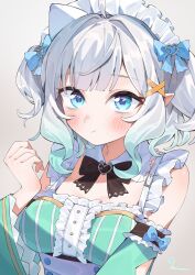  1girl absurdres blue_eyes blush bow closed_mouth commentary_request densetsu.exe dress gradient_hair green_hair green_sleeves hair_bow hair_ornament highres maid maid_headdress mint_fantome mint_fantome_(minto_2.0) miraru_(miracle) multicolored_hair pointy_ears short_hair solo triangular_headpiece two_side_up virtual_youtuber white_background white_hair x_hair_ornament 