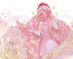  1girl absurdly_long_hair bracelet bug butterfly collared_dress commentary crown dress earrings falling_petals floating_clothes floating_hair flower gold_bracelet green_butterfly highres jewelry lace lace_dress littlebluemuffin long_hair open_mouth original pear-shaped_figure petals pink_dress pink_eyes pink_flower pink_hair pink_petals sleeveless sleeveless_dress smile sparkle strapless strapless_dress tight_clothes tight_dress untranslatable_commentary very_long_hair wavy_hair white_background wide_hips 