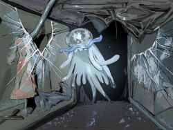  alien broken_glass destruction floating glass glass_shards highres indoors industrial_pipe jellyfish naqna nihilego pokemon pokemon_(creature) pokemon_focus pokemon_sun_and_moon ruins solo tentacles transparent two-tone_leggings 