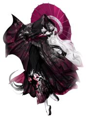  1boy androgynous arched_back black_coat black_eyes black_gloves black_hair black_hakama black_haori black_kimono burn_scar call_of_cthulhu coat commentary_request empty_eyes en_pointe floral_print floral_print_hakama flower folding_fan full_body gloves gradient_clothes gradient_coat hair_flower hair_ornament hair_over_one_eye hakama hand_fan haori highres holding holding_fan japanese_clothes kimono long_coat long_hair long_sleeves looking_at_viewer male_focus oil-paper_umbrella one_eye_covered parted_lips ponytail print_hakama print_haori red_coat red_flower red_haori red_umbrella sandals scar scar_on_arm scar_on_face see-through_clothes see-through_veil shiki_okuri simple_background smile socks solo spider_lily syaaaaneeeyona tabi umbrella veil very_long_hair white_background white_socks white_veil wide_sleeves zouri 
