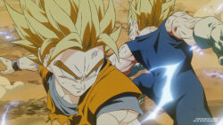  2boys aura axbreii battle battle_damage blonde_hair blue_bodysuit bodysuit commentary crackling_energy dougi dragon_ball dragon_ball_z english_commentary gloves highres majin_vegeta male_focus multiple_boys muscular muscular_male son_goku spiky_hair super_saiyan super_saiyan_2 vegeta white_gloves 