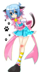  1boy animal_ears arms_behind_back ayasaki_hayate back_bow bare_shoulders bell black_shoes black_tail blue_bow blue_dress blue_eyes blue_hair blush bow bowtie cat_ears cat_tail center_frills closed_mouth crossdressing crossdressing_(mtf) crossed_ankles detached_sleeves dress ear_ribbon frilled_dress frilled_sleeves frills full_body hair_between_eyes hair_bow hayate_no_gotoku! jingle_bell kneehighs large_bow leaning_forward looking_at_viewer male_focus medium_hair neck_bell outer_glow paw_print paw_print_background paw_shoes pink_bow pink_bowtie pink_ribbon ribbon ribbon-trimmed_sleeves ribbon_trim satou_(satoahi) shoes short_dress sidelocks socks solo standing striped_clothes striped_socks tail trap white_background white_sleeves 