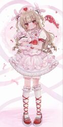 1girl adapted_costume blonde_hair bloomers bow commentary dress fang frilled_dress frilled_wristband frills full_body hair_ornament hat highres holding kneehighs layered_dress lolita_fashion long_hair looking_at_viewer natori_sana natori_sana_(nurse) neck_ribbon nurse_cap nurse_lolita peach_punch pink_bow pink_dress pink_ribbon puffy_short_sleeves puffy_sleeves red_eyes red_shoes ribbon ringlets saana-kun sana_channel shoes short_sleeves skin_fang socks solo two_side_up virtual_youtuber white_socks