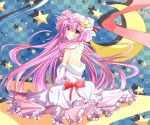  back bare_shoulders blush checkered checkered_background crescent ehimedaisuki hat highres long_hair open_mouth patchouli_knowledge pink_eyes pink_hair purple_eyes purple_hair ribbon shirt_pull sitting skirt solo star tile_background touhou turning undressing very_long_hair 