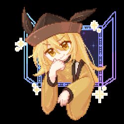  1girl animated animated_gif blonde_hair brown_hat chinese_commentary closed_eyes closed_mouth commentary_request constellation_print detached_sleeves grin hat long_hair long_sleeves looking_at_viewer looping_animation lowres matara_okina orange_sleeves orange_tabard portal_(object) simple_background smile solo sun_print tabard touhou transparent_background wide_sleeves y_h yellow_eyes 