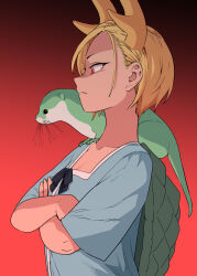  1girl absurdres animal_on_shoulder antlers blonde_hair blue_shirt commentary_request crossed_arms dragon_girl fuuzasa gradient_background green_scales highres horns kicchou_yachie otter otter_spirit_(touhou) red_background red_eyes shirt short_hair short_sleeves square_neckline touhou turtle_shell upper_body yellow_horns 
