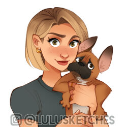  1girl animal artist_self-insert black_shirt blonde_hair brown_eyes commentary dog earrings english_commentary freckles hair_behind_ear holding holding_animal holding_dog instagram_logo instagram_username jewelry laura_price making-of_available multiple_rings portrait real_life red_lips ring self-portrait shirt short_hair smile solo watermark 