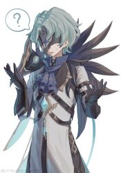  1boy ? aged_down artist_name ascot black_choker black_gloves black_pants blue_ascot blue_gloves blue_hair blue_shirt child choker coat collared_shirt commentary covered_eyes cowboy_shot dottore_(genshin_impact) english_commentary eye_mask feather_trim genshin_impact gloves gold_trim hands_up highres lab_coat lapels long_sleeves lower_teeth_only male_focus mask multicolored_gloves o-ring o-ring_choker open_mouth pants parted_bangs self-cosplay shirt short_hair simple_background solo speech_bubble spoken_question_mark standing sweatdrop teeth twitter_username two-tone_gloves umeumeumestar white_background white_coat 