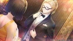  1boy 1girl amamine_mika black_hair blonde_hair bow bowtie breast_pocket camu_einhard couple d3_publisher desperadrops dress dutch_angle game_asset glasses headband hetero kozaki_yuusuke looking_at_another official_art pocket ponytail ponytail_with_hair_base sparkle sparkling_aura tuxedo visual_novel_cg yellow_dress 