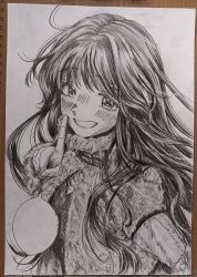  1girl blank_speech_bubble blush commentary finger_to_mouth graphite_(medium) greyscale grin hand_up highres index_finger_raised kaoru_hana_wa_rin_to_saku leizyart long_hair long_sleeves looking_at_viewer monochrome shushing smile solo speech_bubble sweat traditional_media twitter_username upper_body waguri_kaoruko wavy_hair 