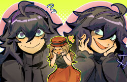  2girls @_@ absurdres aigiscores black_dress black_shirt blush brown_hair dress embarrassed hairband hat hex_maniac_(pokemon) hex_maniac_(pokemon_xy) highres hypno's_lullaby multiple_girls pokemon pokemon_x_and_y projected_inset purple_hairband red_hat red_skirt serena_(pokemon) shirt simple_background skirt smile violet_eyes yuri 
