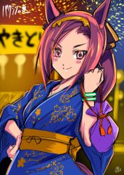  1girl aerial_fireworks animal_ears blue_kimono blush breasts brown_hair closed_mouth commentary_request festival fireworks flower_in_eye funaya_sakichi hairband highres horse_ears horse_girl horse_tail japanese_clothes kimono long_hair looking_at_viewer ponytail sakura_bakushin_o_(umamusume) smile solo summer_festival symbol_in_eye tail umamusume violet_eyes yukata 