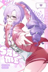  1girl bespectacled catchphrase character_name check_commentary clothes_pin commentary_request cowboy_shot curly_hair glasses grid_background gym_shorts gym_uniform hair_ribbon hashtag heart highres hyakumantenbara_salome hyakumantenbara_salome_(casual) jacket long_hair looking_at_viewer nijisanji nyato_work official_alternate_costume official_alternate_hairstyle pink_ribbon polka_dot polka_dot_background purple_background purple_hair red_jacket red_shorts ribbon shirt shorts solo spoken_heart teeth upper_teeth_only violet_eyes virtual_youtuber white_background white_shirt 