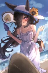 1girl absurdres animal_ears bare_shoulders beach black_hair blue_sky blush chestnut_mouth clenched_hands collarbone commentary_request detached_sleeves dress ears_through_headwear fang flower hair_over_one_eye hands_up hat hat_flower highres holding holding_trowel horse_ears horse_girl horse_tail long_hair ocean pov rice_shower_(umamusume) saigyougi sky solo_focus sparkling_eyes speech_bubble spoken_object star-shaped_pupils star_(symbol) sun_hat sundress sunflower symbol-shaped_pupils tail triangle_mouth trowel umamusume upwards_triangle_mouth violet_eyes white_dress yellow_flower 