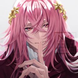  1boy androgynous closed_mouth commentary_request dorothy_(over_requiemz) finger_to_mouth flower grey_background hair_flower hair_ornament highres long_hair looking_at_viewer male_focus over_requiemz pink_hair portrait shirt shushing simple_background solo white_shirt yukineko329 