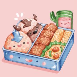  aang abbey_and_bear appa arrow_(symbol) arrow_tattoo avatar:_the_last_airbender avatar_legends bento blush blush_stickers butter commentary cup english_commentary food food_art food_focus foodification head_mark head_tattoo highres horns kyaraben looking_at_viewer lunchbox meat mug no_humans notice_lines omelet onigiri parted_lips pink_background rice simple_background smile solid_circle_eyes tamagoyaki tattoo 