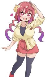  1girl absurdres blush breasts commentary_request dragon_girl dragon_horns gradient_hair highres horns huge_breasts ilulu_(maidragon) kobayashi-san_chi_no_maidragon large_breasts long_hair looking_at_viewer multicolored_hair open_mouth oppai_loli partial_commentary pink_hair pointy_ears r_amaji red_eyes red_hair shirt slit_pupils smile solo thigh-highs twintails 