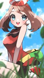  1girl absurdres bare_shoulders bike_shorts bike_shorts_under_shorts blue_sky blurry blurry_background blush bow_hairband brown_hair commentary_request fanny_pack grass hair_between_eyes hairband highres kurumiya_(krmy_p) may_(pokemon) open_mouth poke_ball pokemon red_hairband red_shirt seiza shirt shorts shorts_under_shorts sitting sky smile solo twintails 