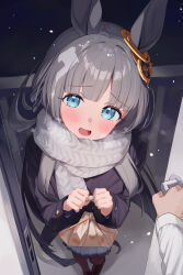  1girl 1other animal_ears bento black_pantyhose blue_coat blue_eyes blunt_bangs blush breasts breath chrono_genesis_(umamusume) coat commentary_request doorway grey_hair hair_between_eyes hair_ornament highres holding holding_bento horse_ears horse_girl horse_tail long_hair long_sleeves looking_at_viewer open_mouth pantyhose pov_doorway saboten_mushi scarf shirt skirt smile tail tracen_winter_coat umamusume white_scarf white_shirt winter_clothes winter_coat 