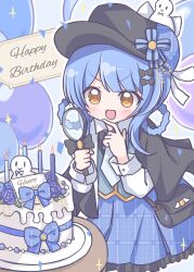  1girl :d bag bird_hat_ornament black_bag black_bow black_bowtie black_capelet black_hat blue_hair blue_necktie blue_skirt bow bowtie braid braided_hair_rings candle capelet collared_shirt contrast_collar deerstalker furrowed_brow grey_vest hair_bow hair_rings happy_birthday hat hat_bow highres holding holding_magnifying_glass kurasesu long_sleeves magnifying_glass mahou_shoujo_no_majo_saiban necktie open_mouth plaid_clothes plaid_skirt shirt short_hair skirt smile solo tachibana_sherry unmoving_pattern v-shaped_eyebrows vest white_shirt yellow_eyes 