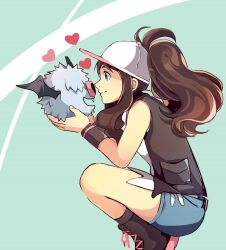  1girl animal baseball_cap black_shoes blue_eyes brown_hair denim denim_shorts eryen eye_contact hat heart hilda_(pokemon) holding holding_animal long_hair long_sidelocks looking_at_another open_clothes open_vest pokemon pokemon_(creature) pokemon_black_and_white ponytail shoes shorts sidelocks simple_background squatting vest woobat wristband 