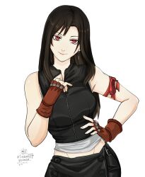  1girl apron arm_ribbon bare_shoulders black_apron black_hair black_vest breasts closed_mouth commission crop_top dissidia_final_fantasy dissidia_final_fantasy_nt earrings english_commentary final_fantasy final_fantasy_vii final_fantasy_vii:_advent_children fingerless_gloves gloves groin hand_on_own_hip highres jewelry large_breasts long_hair looking_at_viewer midriff_peek pink_lips red_eyes red_gloves red_ribbon ribbon sierra117renner simple_background single_earring sleeveless smile solo straight-on tank_top teardrop_earrings tifa_lockhart twitter_username upper_body vest waist_apron white_background white_tank_top zipper 