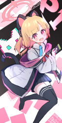  3kb_lili absurdres animal_ear_headphones animal_ears blonde_hair blue_archive blush bow cat_ear_headphones cat_ears commentary_request fake_animal_ears hair_bow halo headphones highres jacket long_sleeves looking_at_viewer momoi_(blue_archive) multiple_girls necktie open_mouth pink_halo shirt short_hair siblings smile tail 