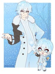  1boy absurdres asymmetrical_sleeves bare_tree blue_background blue_coat blue_eyes blue_hair blue_nails blue_necktie blue_pants border bright_pupils brown_sleeves chibi chibi_inset closed_mouth coat commentary fur-trimmed_coat fur_trim hair_between_eyes hand_on_own_hip highres kainao2006 kaito_(diamond_dust)_(vocaloid) kaito_(vocaloid) layered_sleeves male_focus mismatched_sleeves multiple_views necktie open_clothes open_coat outdoors outside_border pants shirt short_hair smile snow tree untranslatable_commentary vocaloid white_border white_pupils white_shirt 