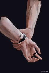  1boy black_background bracelet chinese_commentary commentary_request cropped_arms fingernails hand_focus highres holding_hands jewelry love_and_deepspace male_focus ring scarlet09linjiu simple_background solo sylus_(love_and_deepspace) veins veiny_arms watermark weibo_watermark 