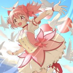1girl :d balloon bird blue_sky blush bow bow_choker bubble_skirt buttons choker cloud commentary_request cowboy_shot day dove dress dress_bow frilled_sleeves frills gloves hair_bow highres kaname_madoka kaname_madoka_(magical_girl) looking_at_viewer magical_girl mahou_shoujo_madoka_magica mahou_shoujo_madoka_magica_(anime) open_mouth outdoors outstretched_arm pink_bow pink_dress pink_eyes pink_hair red_choker red_shoes reno_3tomato shoes short_dress short_hair short_sleeves short_twintails skirt sky smile socks solo soul_gem_(madoka_magica) twintails white_bird white_gloves white_skirt white_socks