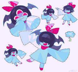  1girl 1other :d absurdres aqua_(deltarune) aqua_(deltarune)_(cosplay) aqua_dress aqua_skin bat_wings black_hair black_outline blue_flower blue_outline bow colored_extremities colored_skin commentary cosplay covered_eyes deltarune dress extra_eyes fang finger_gun flower hair_over_eyes hair_wings hand_to_own_mouth hands_up highres kris_(deltarune) l0belly long_hair matching_outfits neckerchief open_mouth outline red_bow red_eyes red_neckerchief shaded_face skin_fang sleeves_past_fingers sleeves_past_wrists smile standing third_eye tiptoes triclops utdr_(toby_fox) white_background wings 