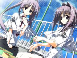  2girls :< bento black_thighhighs capelet chain-link_fence chopsticks closed_mouth collared_shirt crown_print fence game_asset hair_intakes hair_ribbon holding holding_chopsticks kagome_(traumatize) kita_high_school_uniform_(subarashiki_hibi) multiple_girls necktie non-web_source official_art on_rooftop open_mouth print_capelet red_necktie ribbon seiza self-datamine shirt sitting smile subarashiki_hibi thigh-highs v-shaped_eyebrows variant_set wakatsuki_kagami wakatsuki_tsukasa white_capelet white_shirt 