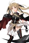  bardiche bare_shoulders belt black_legwear blonde_hair buckle cape fate_testarossa gloves highres long_hair lyrical_nanoha mahou_shoujo_lyrical_nanoha mahou_shoujo_lyrical_nanoha_a&#039;s mahou_shoujo_lyrical_nanoha_a's mahou_shoujo_lyrical_nanoha_the_movie_2nd_a&#039;s mahou_shoujo_lyrical_nanoha_the_movie_2nd_a's raid_slash red_eyes scythe solo thighhighs twintails 