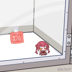 1girl absurdres blush_stickers chibi chibi_only closed_mouth commentary english_commentary english_text fang from_above from_side full_body glass hair_ribbon highres hololive houshou_marine houshou_marine_(1st_costume) mini_person minigirl ni7nia7 red_hair red_shirt red_skirt ribbon shirt sign skin_fang skirt solo twintails twitter_username 