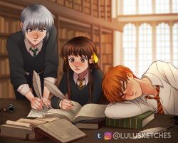  1girl 2boys bookshelf commentary diagonal-striped_clothes diagonal-striped_necktie english_commentary fruits_basket green_necktie gryffindor hair_ribbon hogwarts_school_uniform holding holding_quill honda_tohru hufflepuff inkwell instagram_username laura_price library light_blush long_hair loose_necktie multiple_boys necktie parchment parody quill red_necktie ribbon school_uniform scroll shirt sleeping slytherin sohma_kyou sohma_yuki striped_clothes striped_necktie tumblr_username watermark white_shirt wizarding_world writing yellow_necktie 