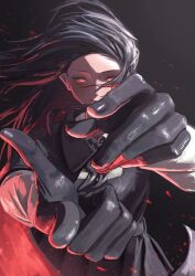  1girl absurdres black_cape black_gloves black_hair cape chainsaw_man collared_shirt commentary_request dress dress_shirt elbow_gloves floating_hair gloves hand_focus highres impasto long_hair long_sleeves neck_ribbon painterly parted_lips pinafore_dress pleated_skirt red_eyes red_light ribbon ringed_eyes rurara987 scar scar_on_cheek scar_on_face scar_on_nose shirt skirt sleeveless sleeveless_dress yoru_(chainsaw_man) 